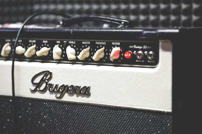 Detailed shot of a Bugera Vintage 55 guitar amplifier in a sound studio.