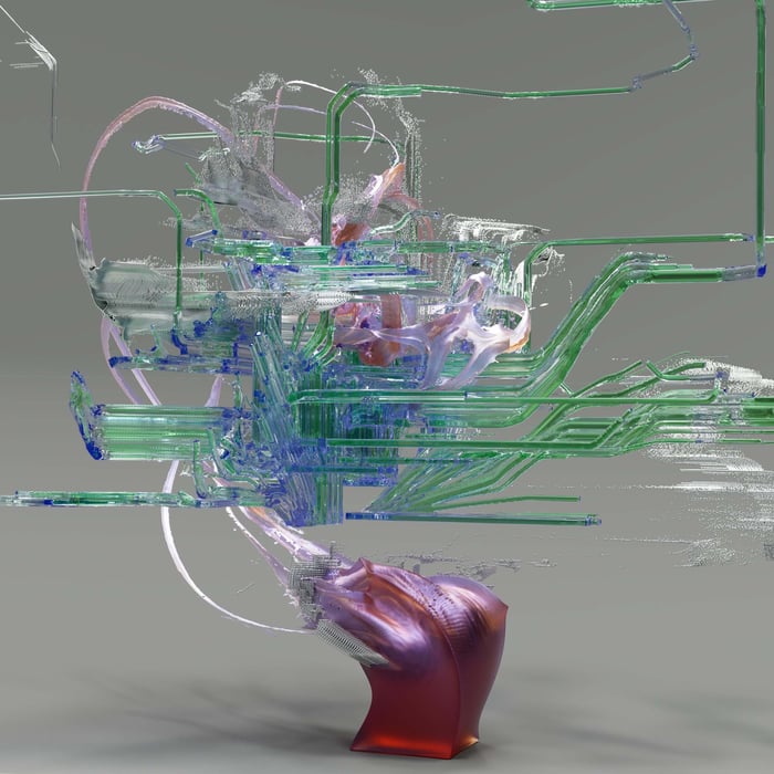 3D abstract digital sculpture showcasing complex network structures in vibrant colors.