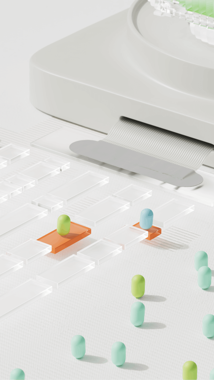 Abstract representation of AI ethics with pills on a clear pathway, symbolizing data sorting.